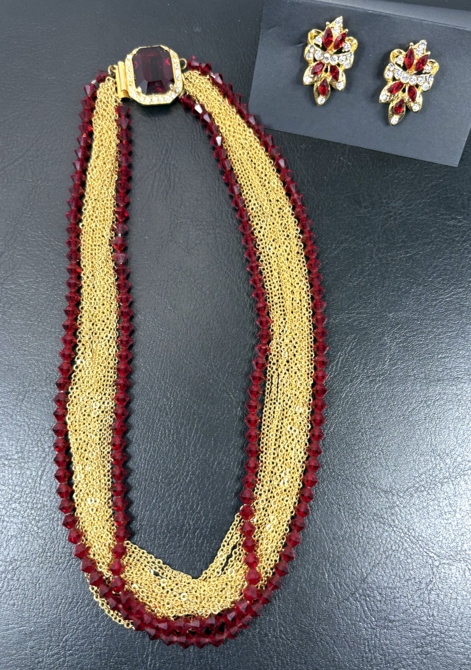 Vtg Ruby Red Crystal Liquid Gold Chain Bib Collar Choker Necklace Earring Set